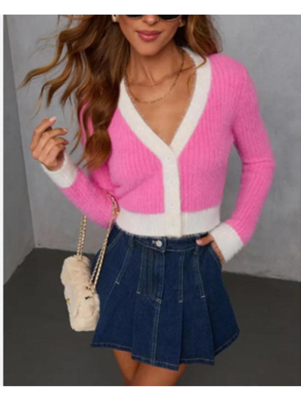 Vici pink and cream soft fuzzy cardigan button up size small V neck NWOT